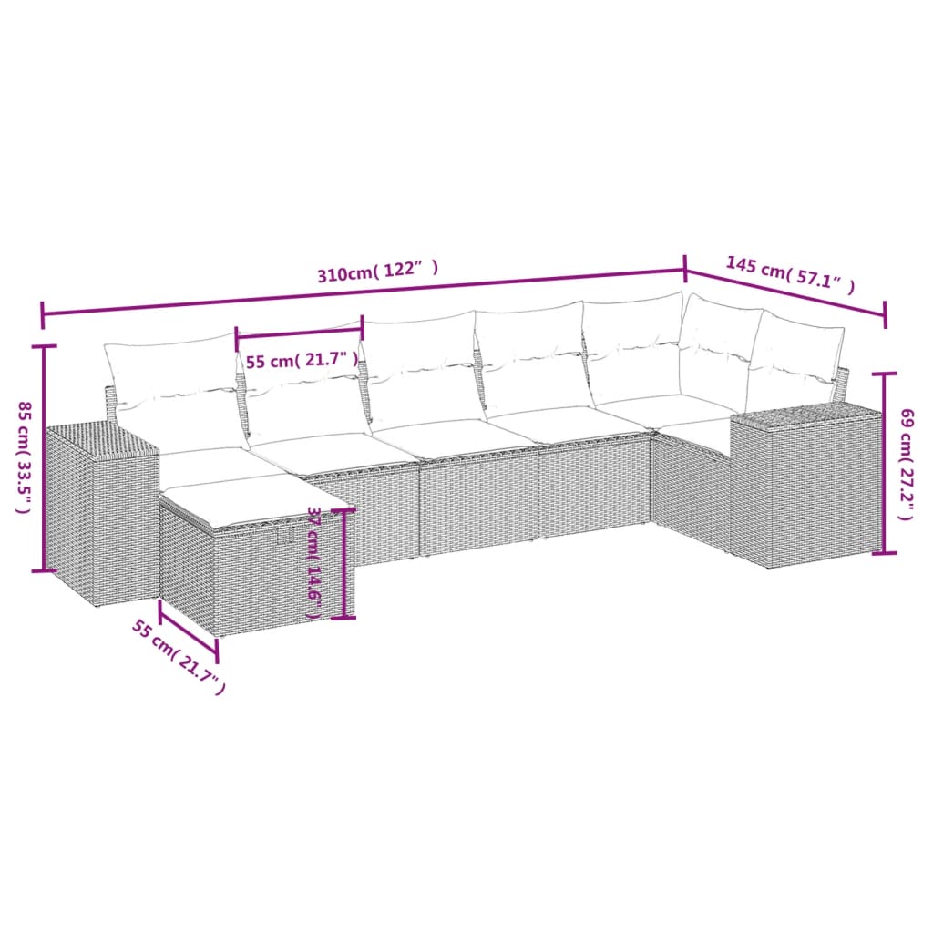 7 részes fekete polyrattan kerti ülőgarnitúra párnával