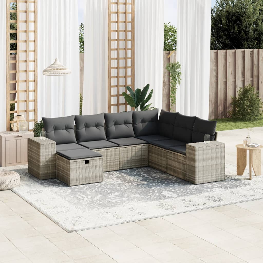 7 részes világosszürke polyrattan kerti ülőgarnitúra párnákkal