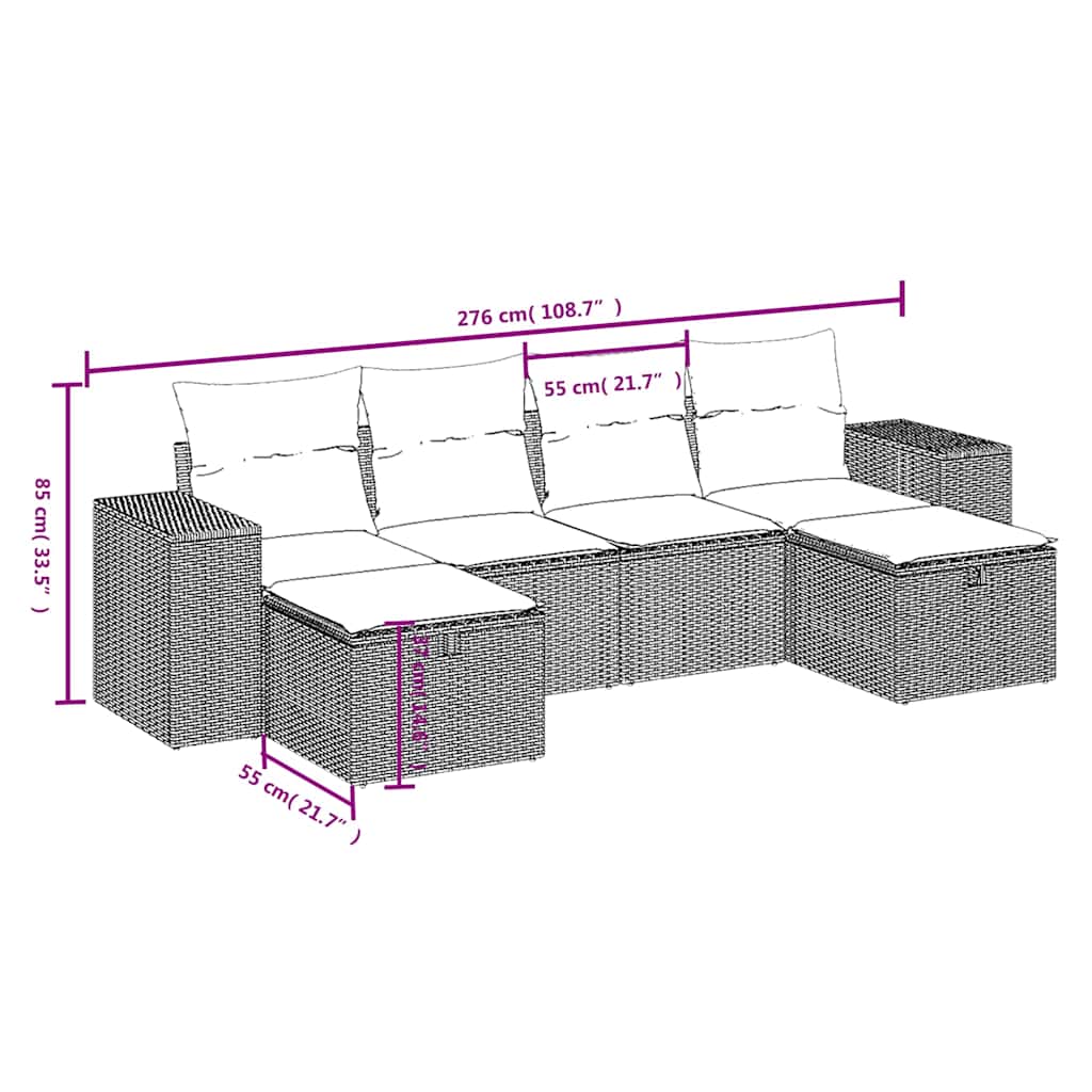 6 részes fekete polyrattan kerti ülőgarnitúra párnákkal