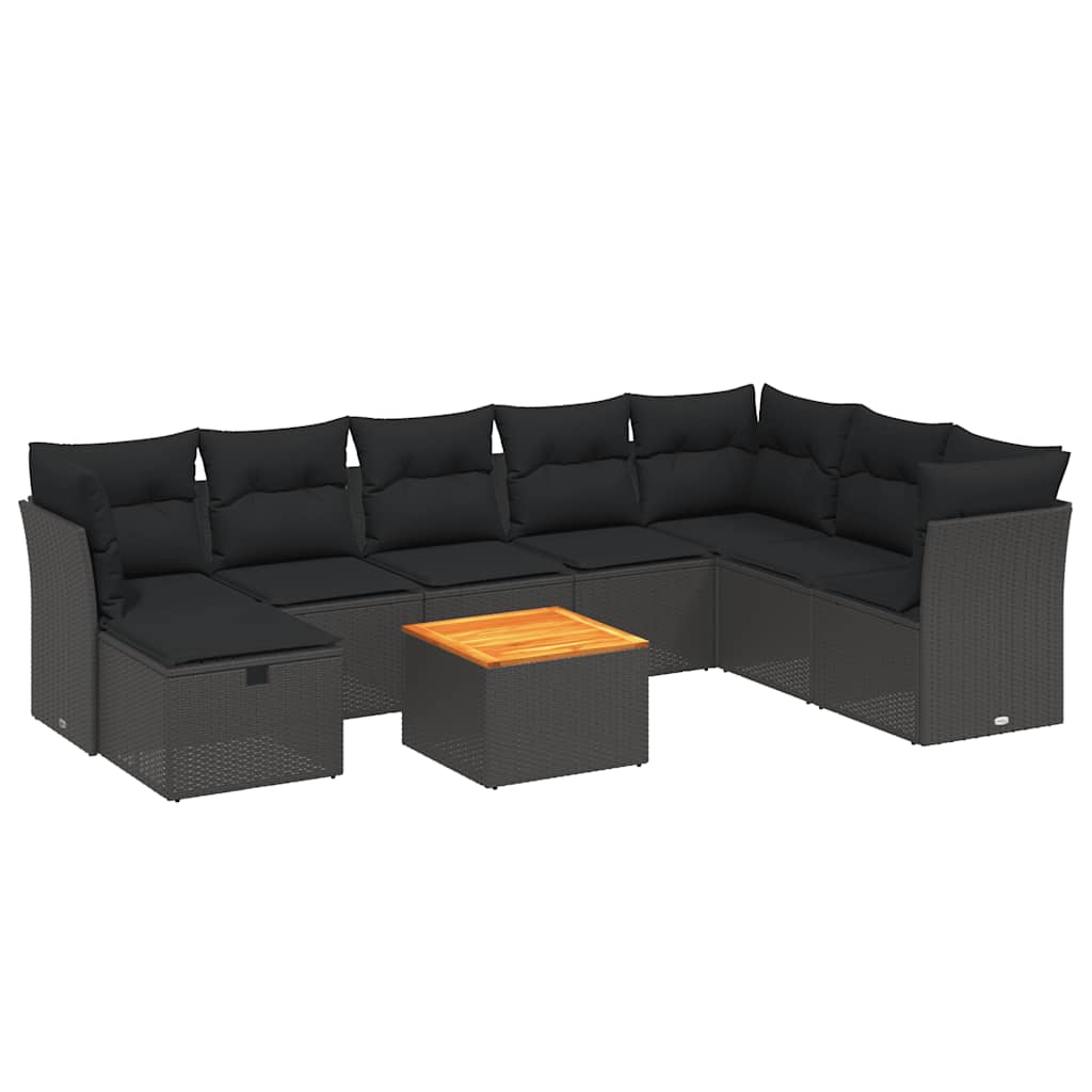 9 részes fekete polyrattan kerti ülőgarnitúra párnákkal