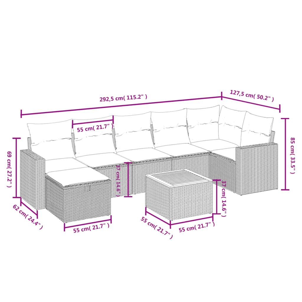 8 részes szürke polyrattan kerti ülőgarnitúra párnákkal
