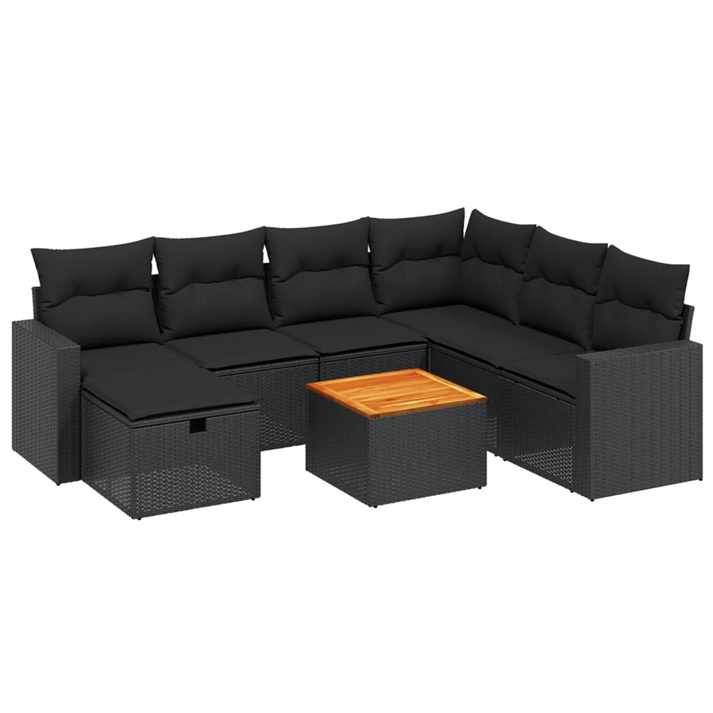 8 részes fekete polyrattan kerti ülőgarnitúra párnákkal