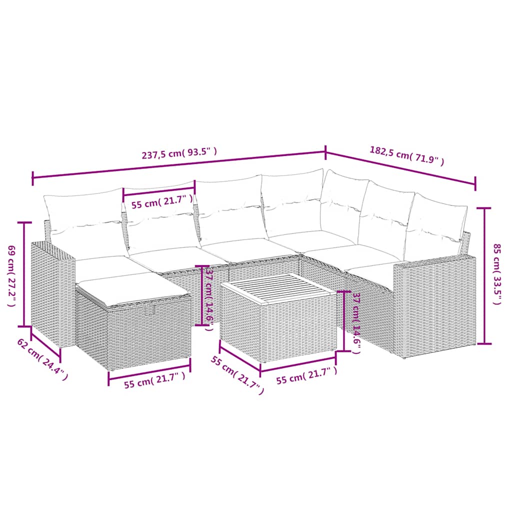 8 részes fekete polyrattan kerti ülőgarnitúra párnákkal