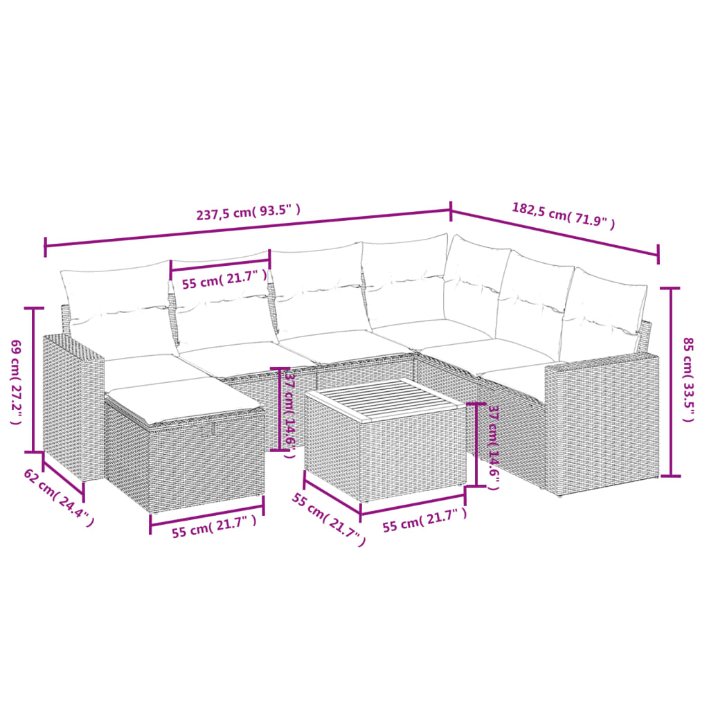 8 részes fekete polyrattan kerti ülőgarnitúra párnákkal