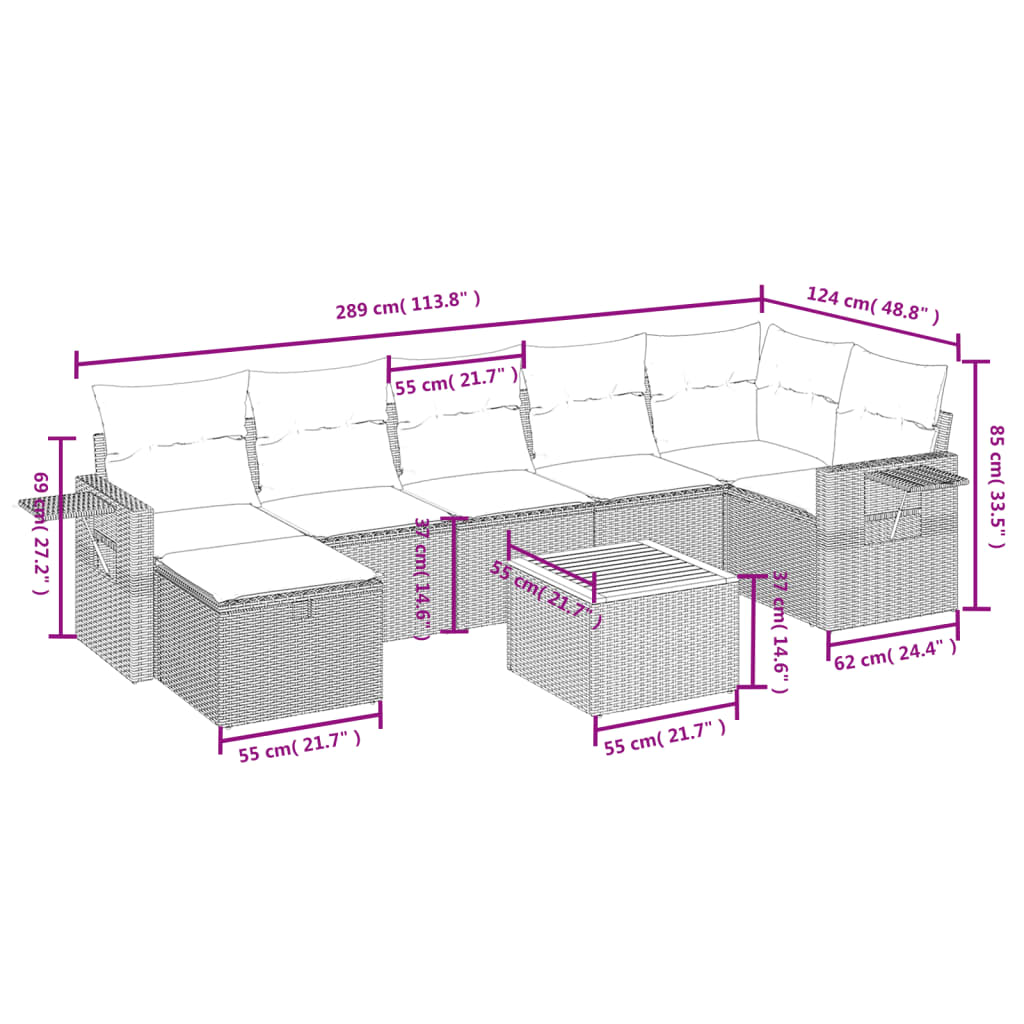 8 részes szürke polyrattan kerti ülőgarnitúra párnákkal