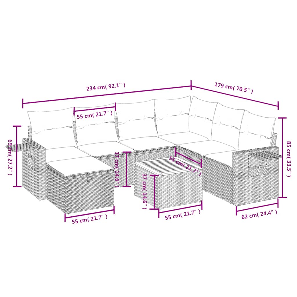 8 részes fekete polyrattan kerti ülőgarnitúra párnákkal