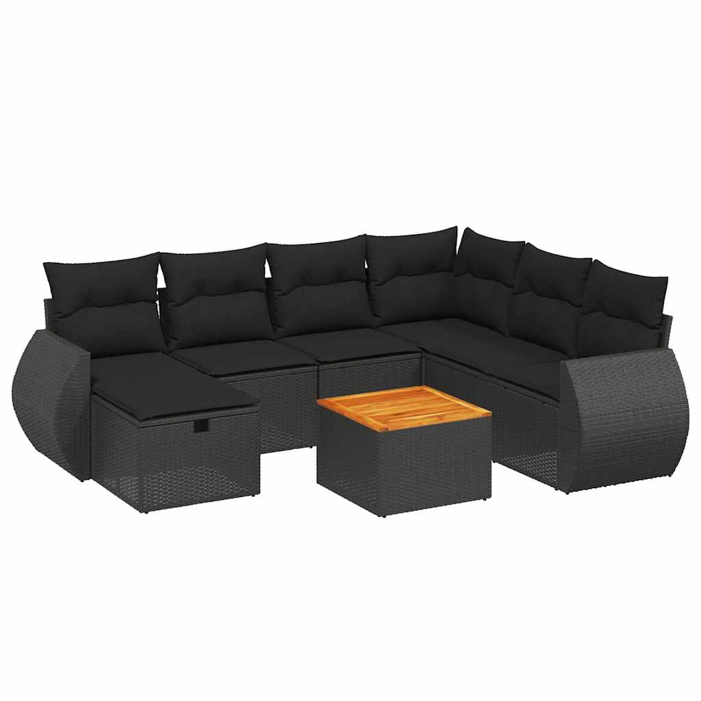 8 részes fekete polyrattan kerti ülőgarnitúra párnákkal