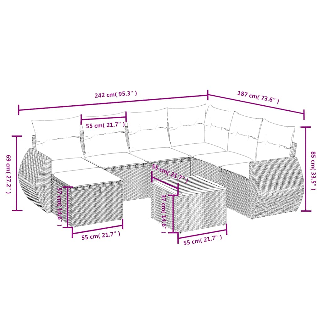 8 részes fekete polyrattan kerti ülőgarnitúra párnákkal