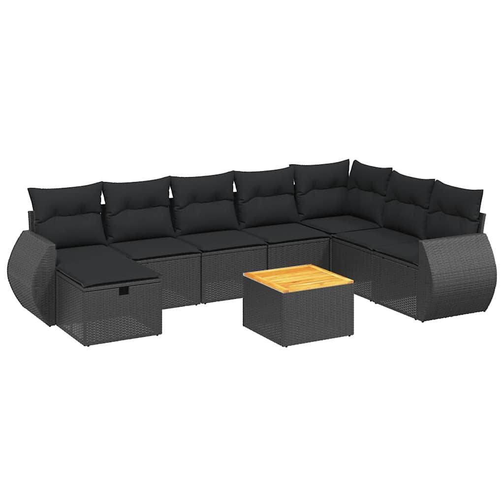 9 részes fekete polyrattan kerti ülőgarnitúra párnákkal