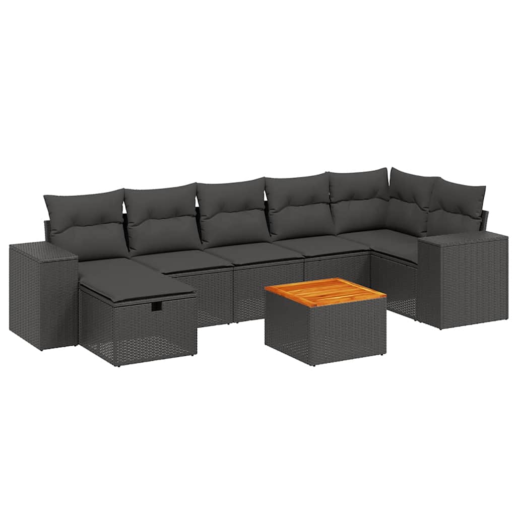 8 részes fekete polyrattan kerti ülőgarnitúra párnákkal