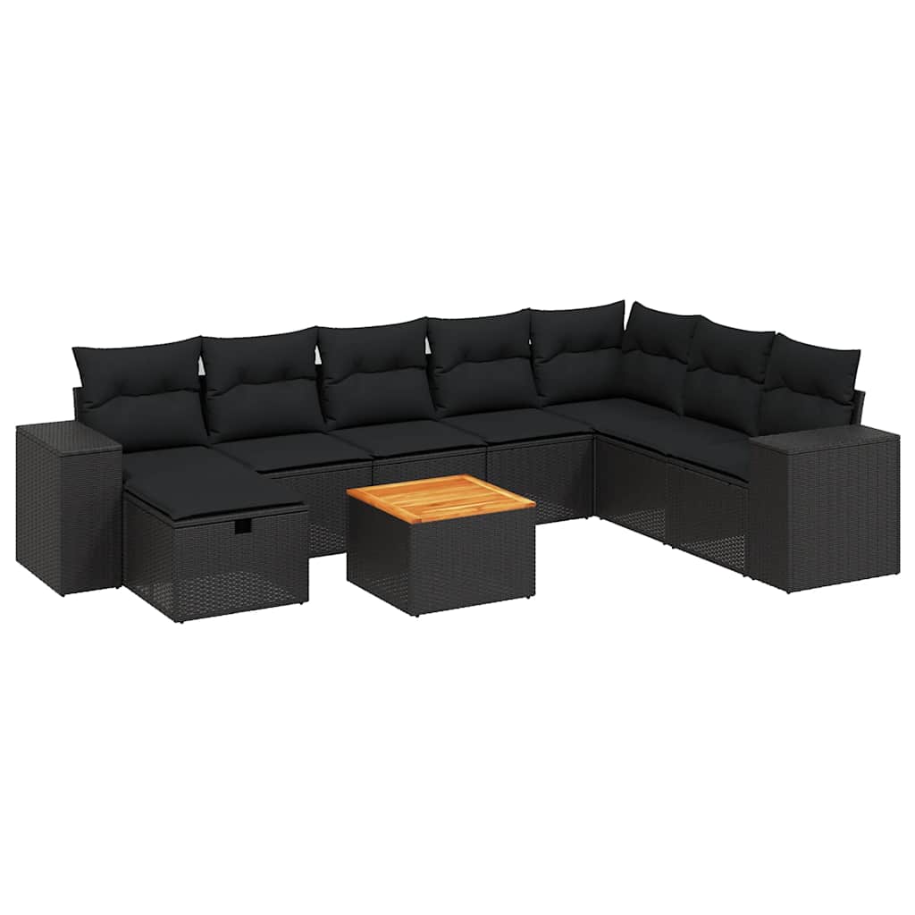 9 részes fekete polyrattan kerti ülőgarnitúra párnákkal
