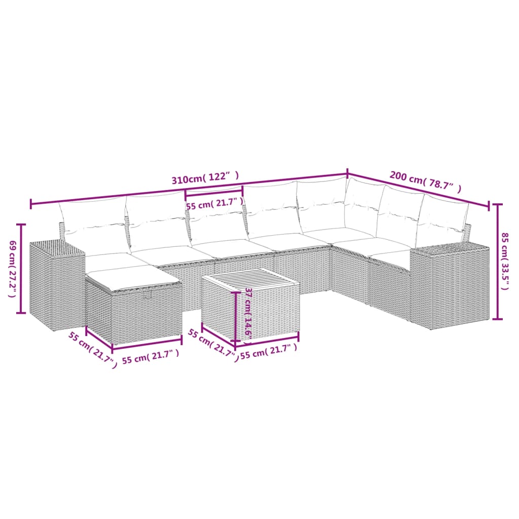9 részes bézs polyrattan kerti ülőgarnitúra párnákkal