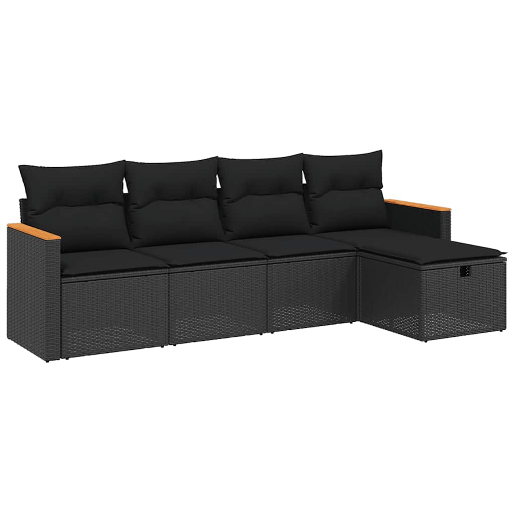 5 részes fekete polyrattan kerti kanapészett párnákkal