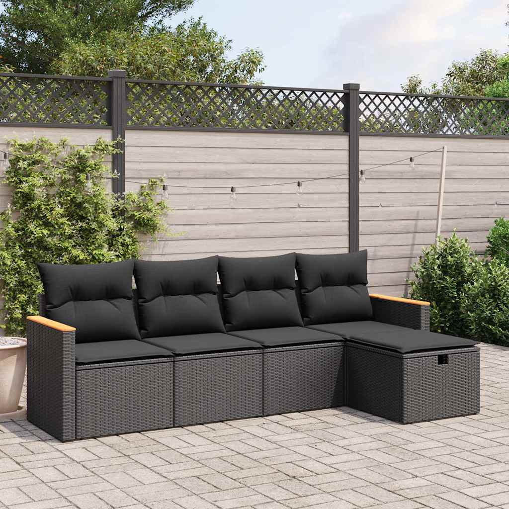 5 részes fekete polyrattan kerti kanapészett párnákkal