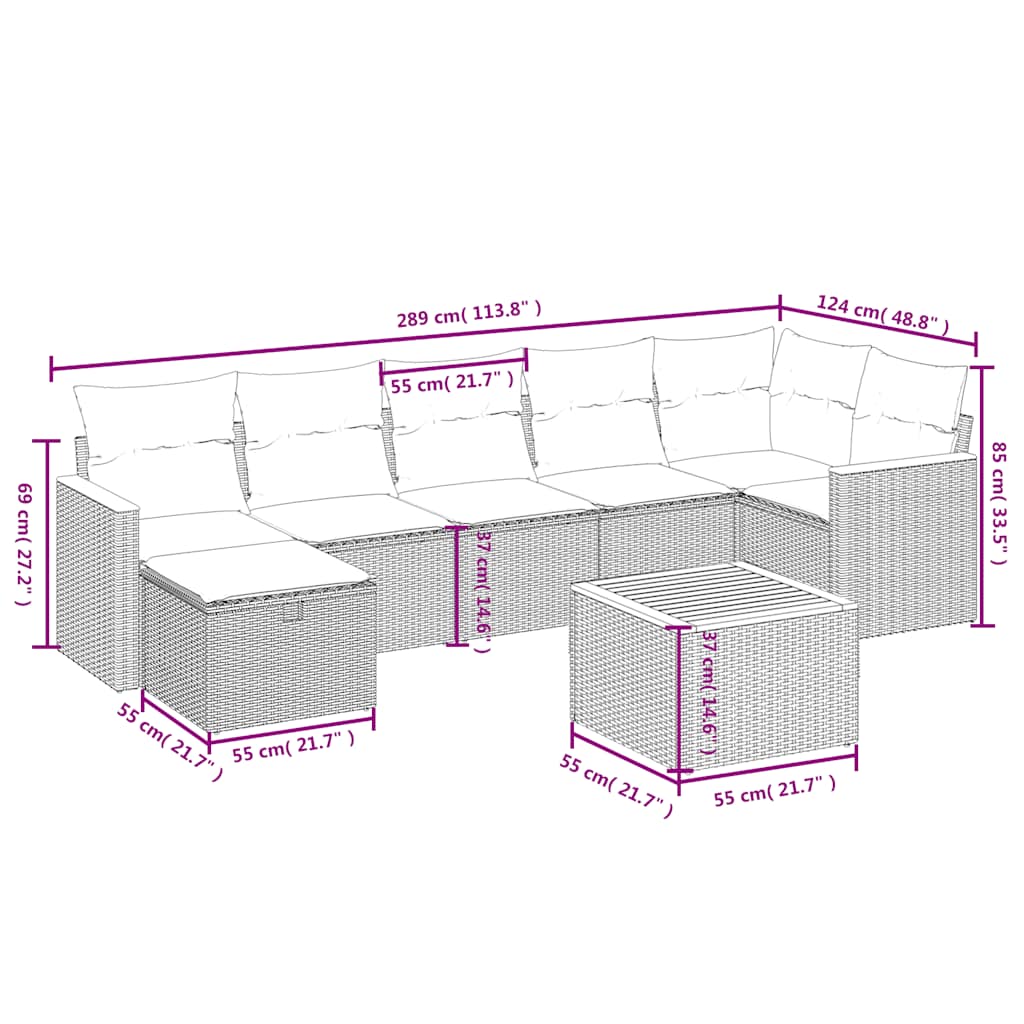 8 részes fekete polyrattan kerti ülőgarnitúra párnákkal