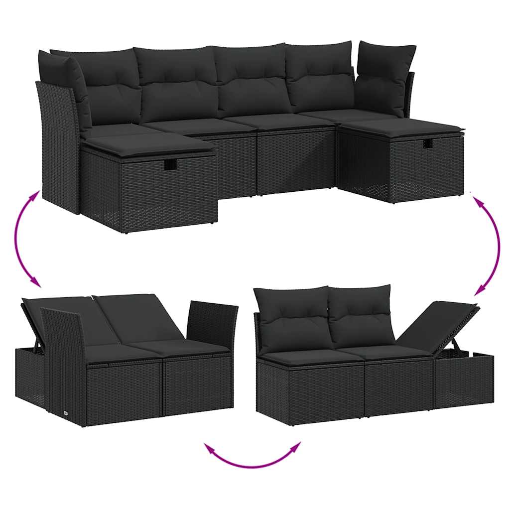 6 részes fekete polyrattan kerti ülőgarnitúra párnákkal
