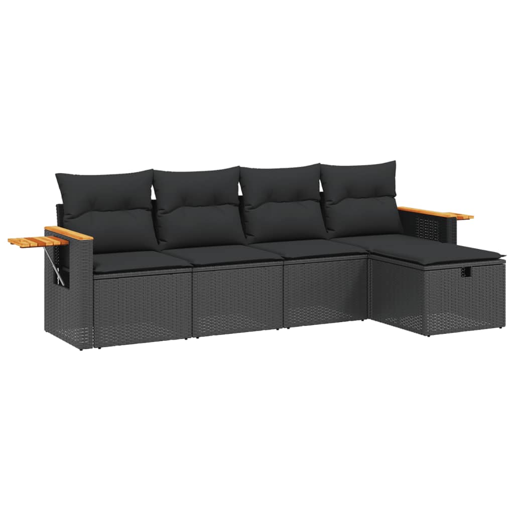 5 részes fekete polyrattan kerti kanapészett párnákkal