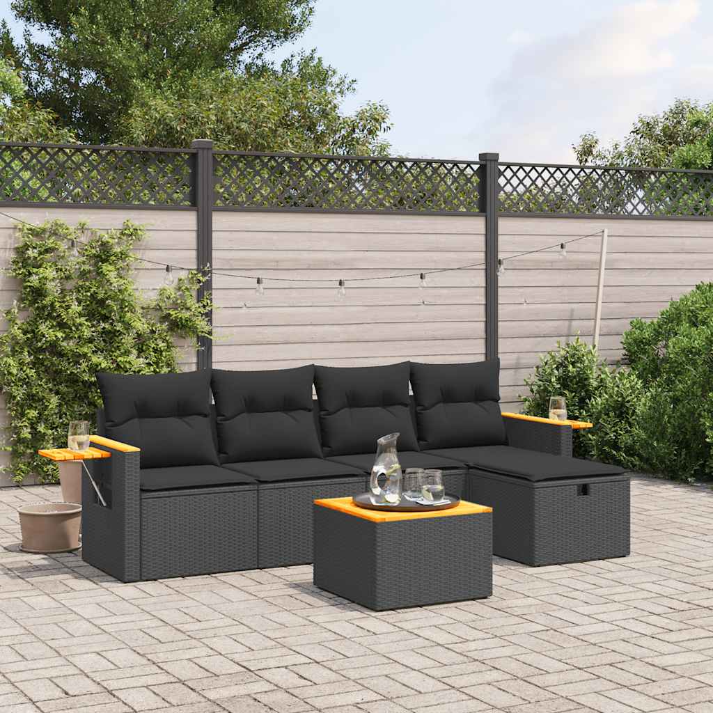 6 részes fekete polyrattan kerti ülőgarnitúra párnákkal