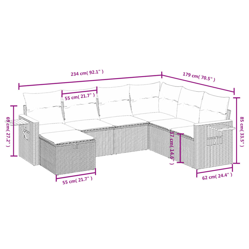 7 részes szürke polyrattan kerti ülőgarnitúra párnákkal
