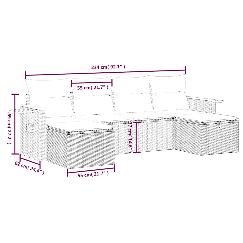 6 részes fekete polyrattan kerti ülőgarnitúra párnákkal