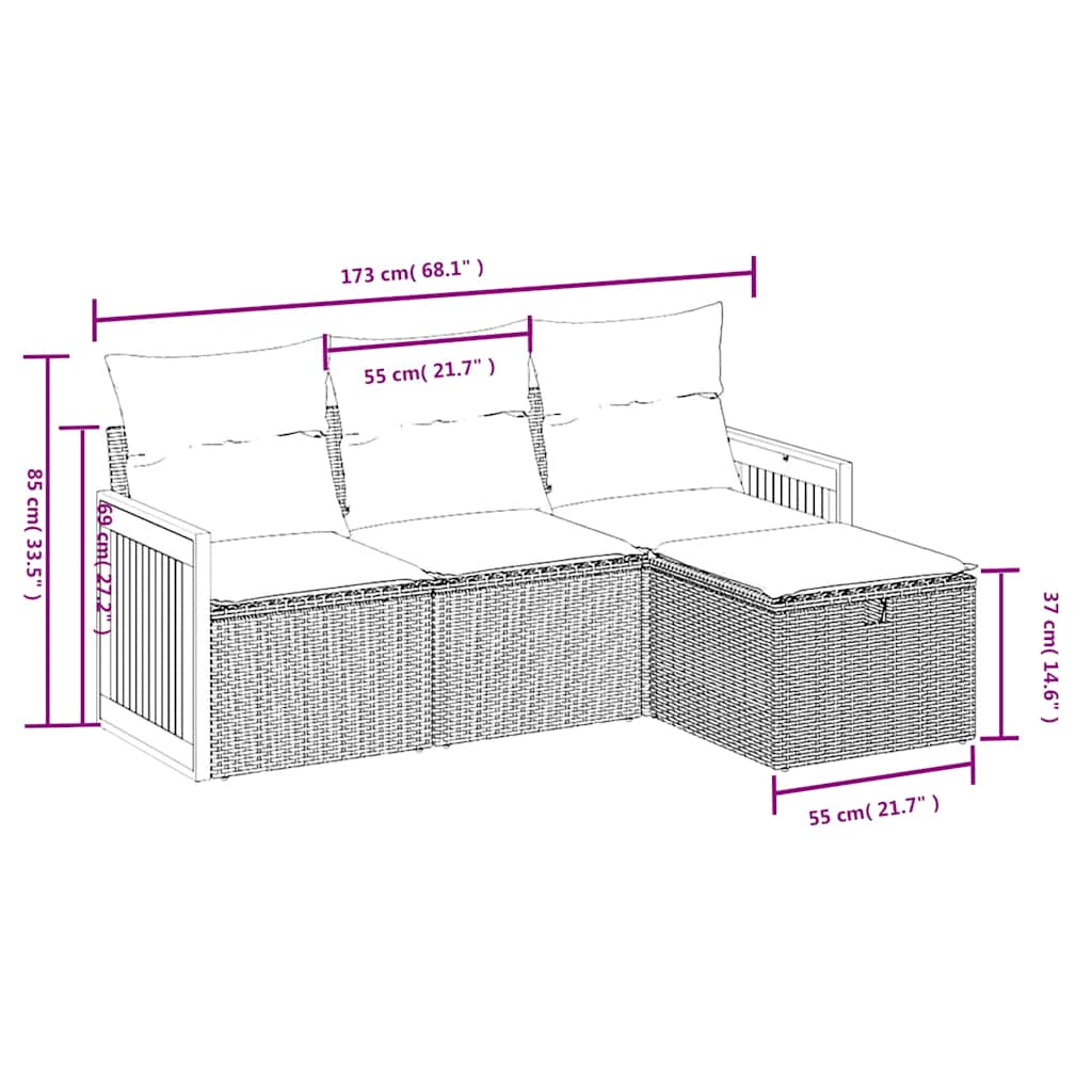 4 részes fekete polyrattan kerti ülőgarnitúra párnákkal