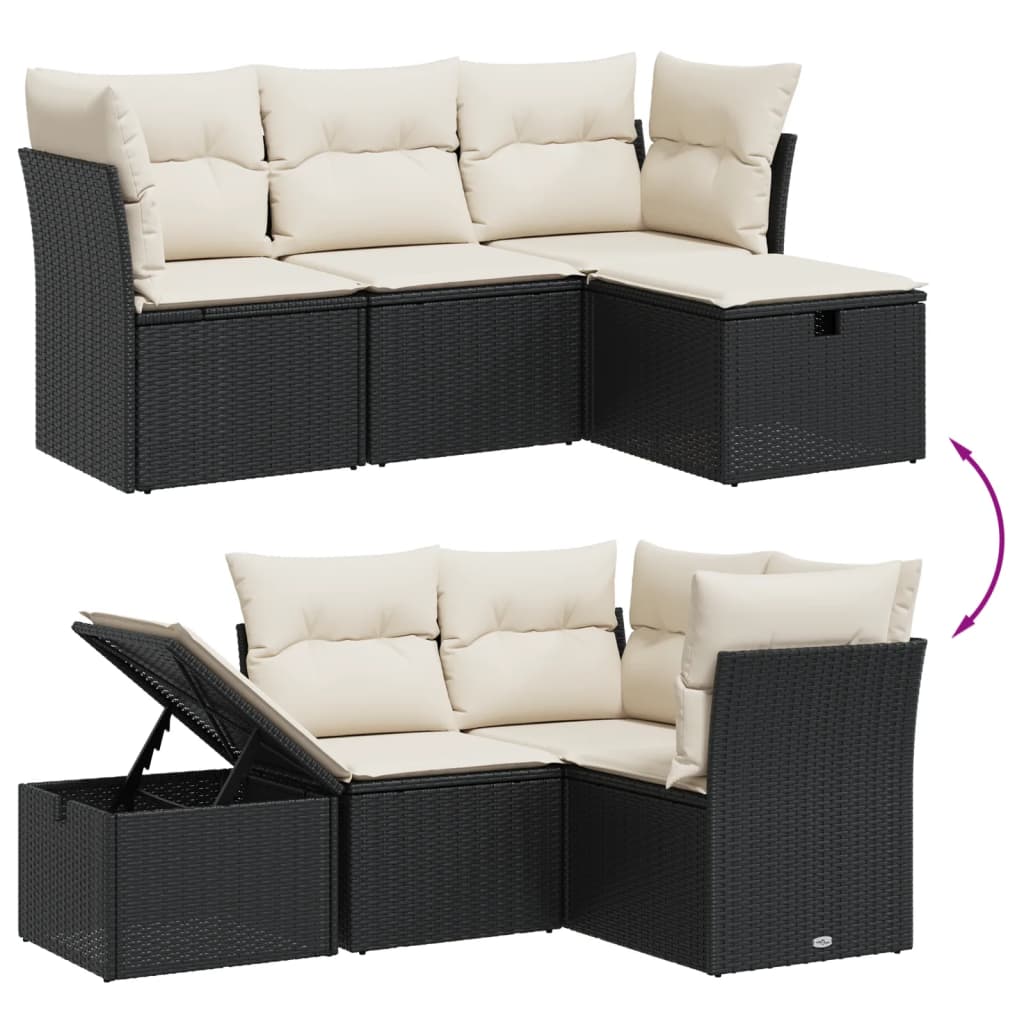 4 részes fekete polyrattan kerti ülőgarnitúra párnákkal