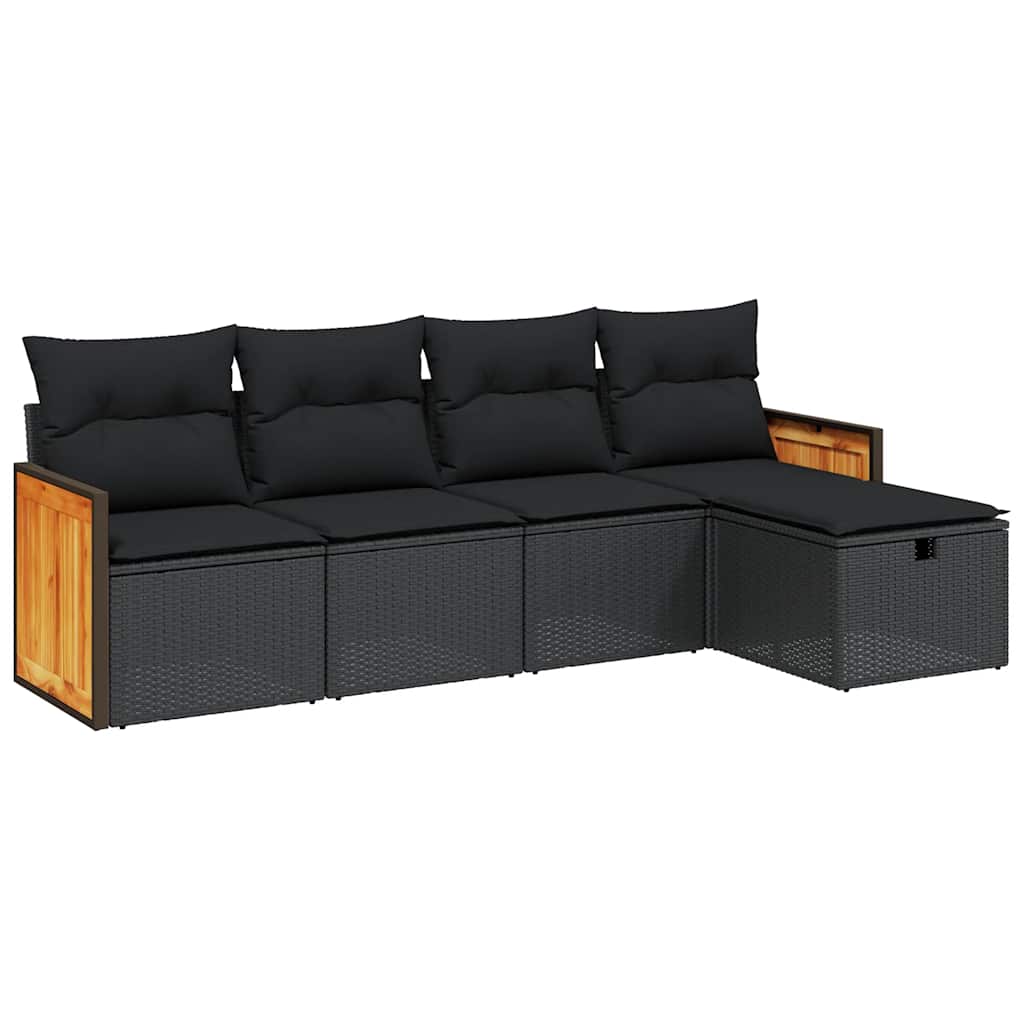 5 részes fekete polyrattan kerti kanapészett párnákkal