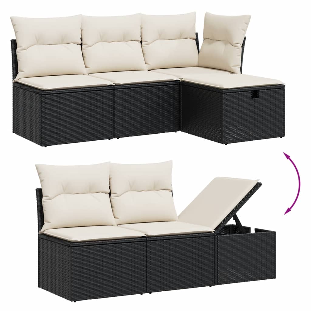 5 részes fekete polyrattan kerti kanapészett párnákkal
