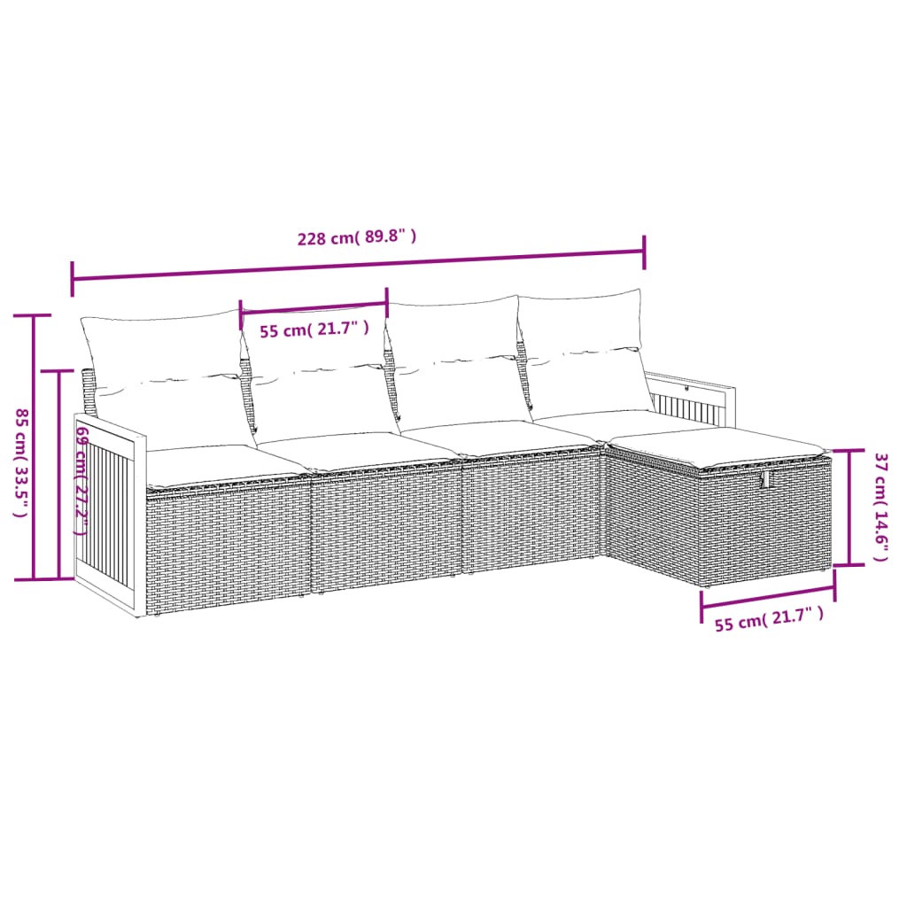5 részes fekete polyrattan kerti kanapészett párnákkal