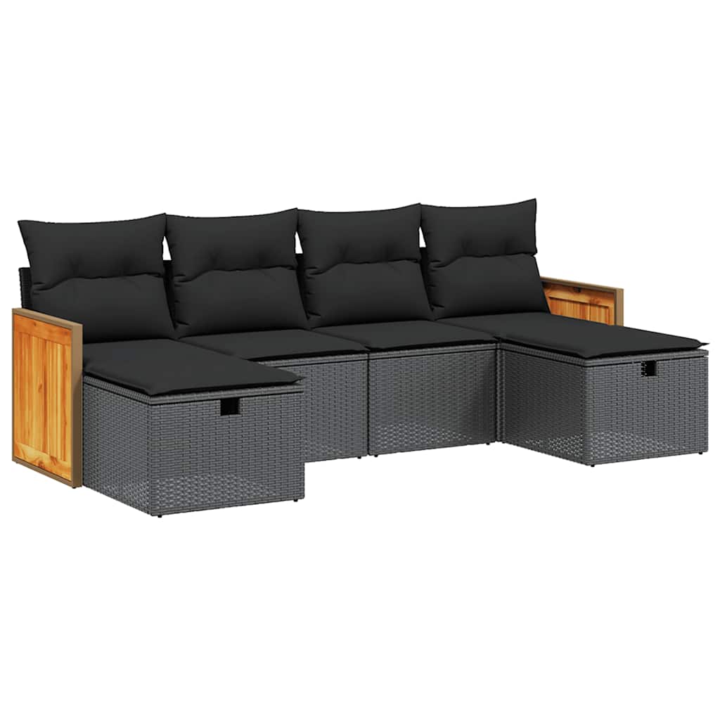 6 részes fekete polyrattan kerti ülőgarnitúra párnákkal