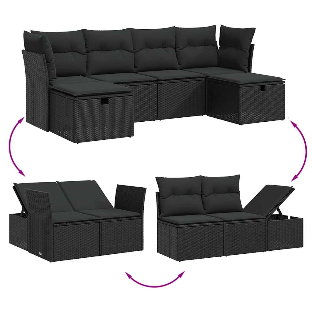 6 részes fekete polyrattan kerti ülőgarnitúra párnákkal