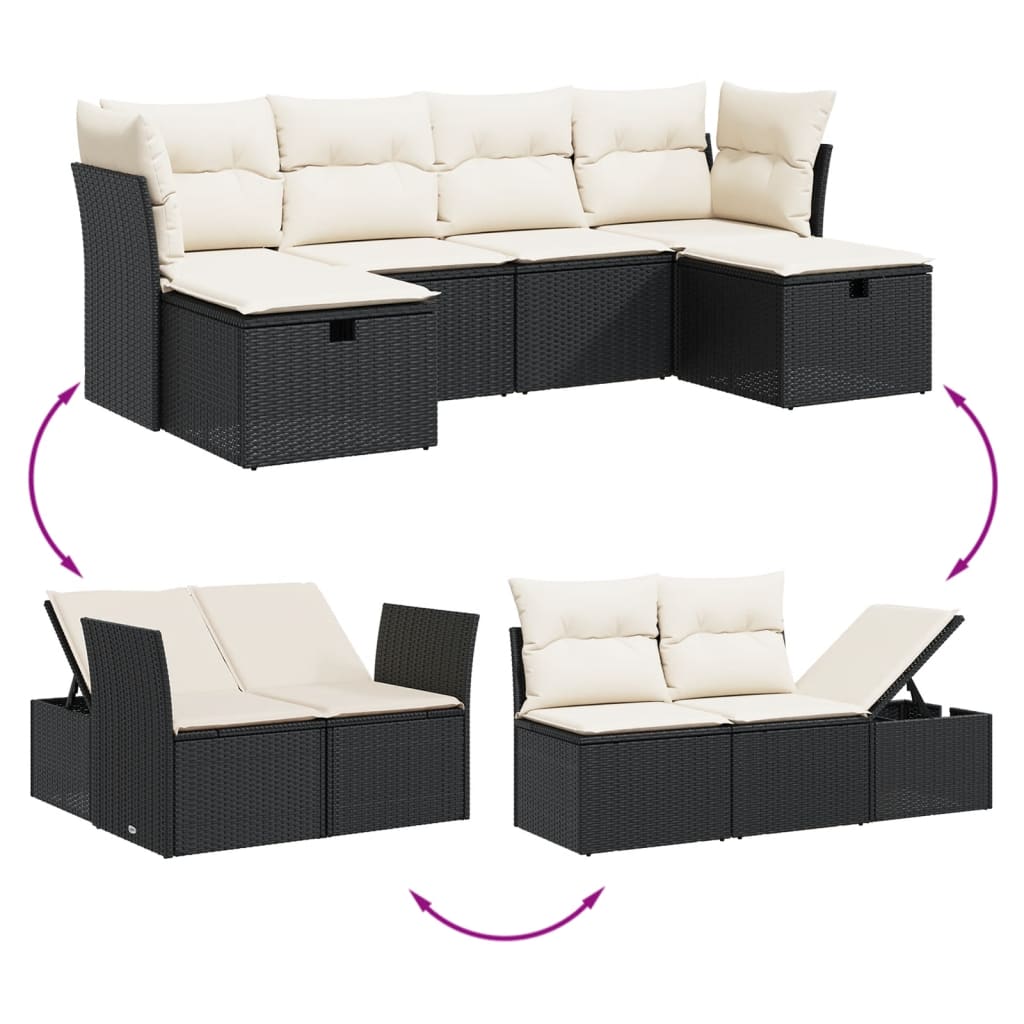 6 részes fekete polyrattan kerti ülőgarnitúra párnákkal