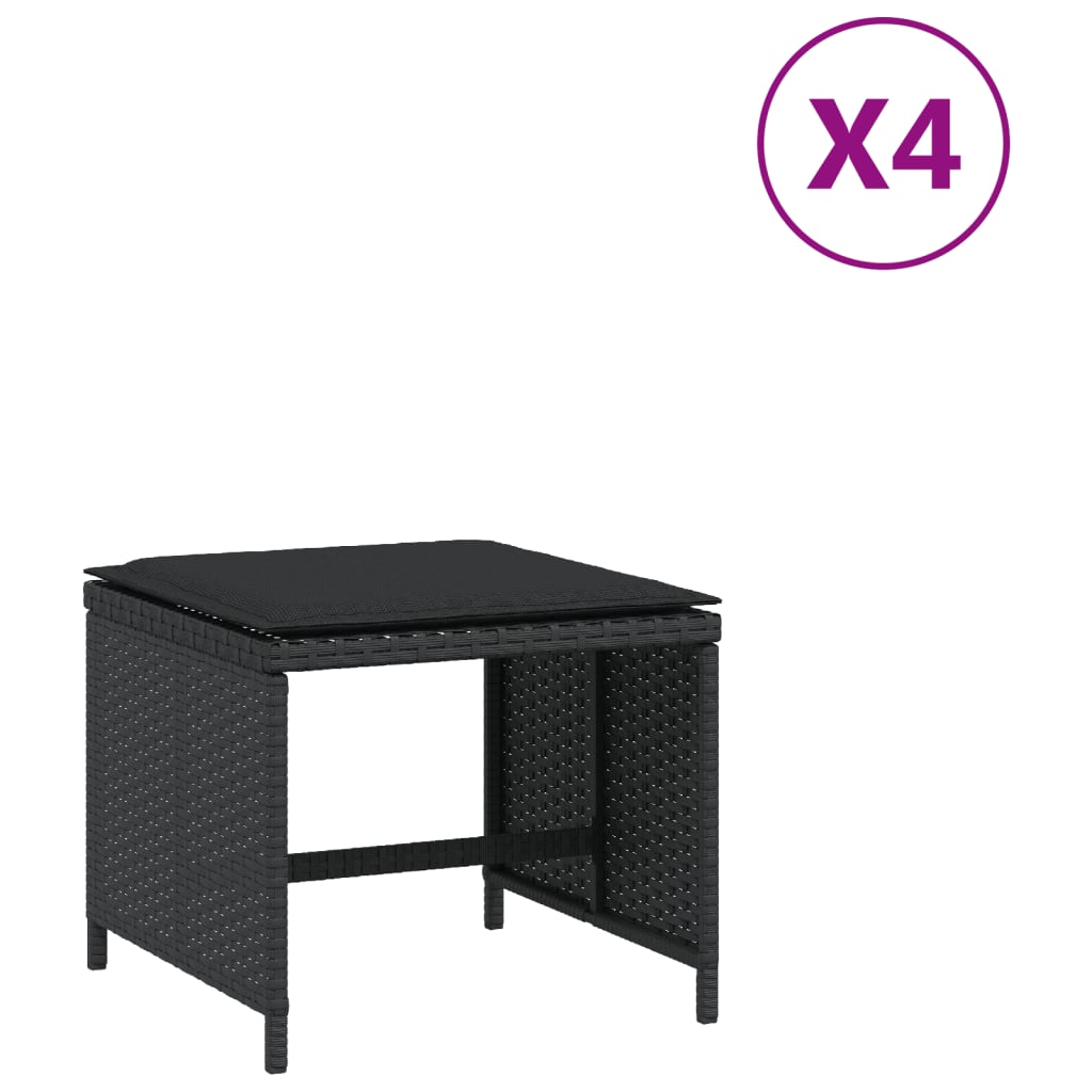 4 db fekete polyrattan kerti szék párnákkal 40 x 40 x 35 cm