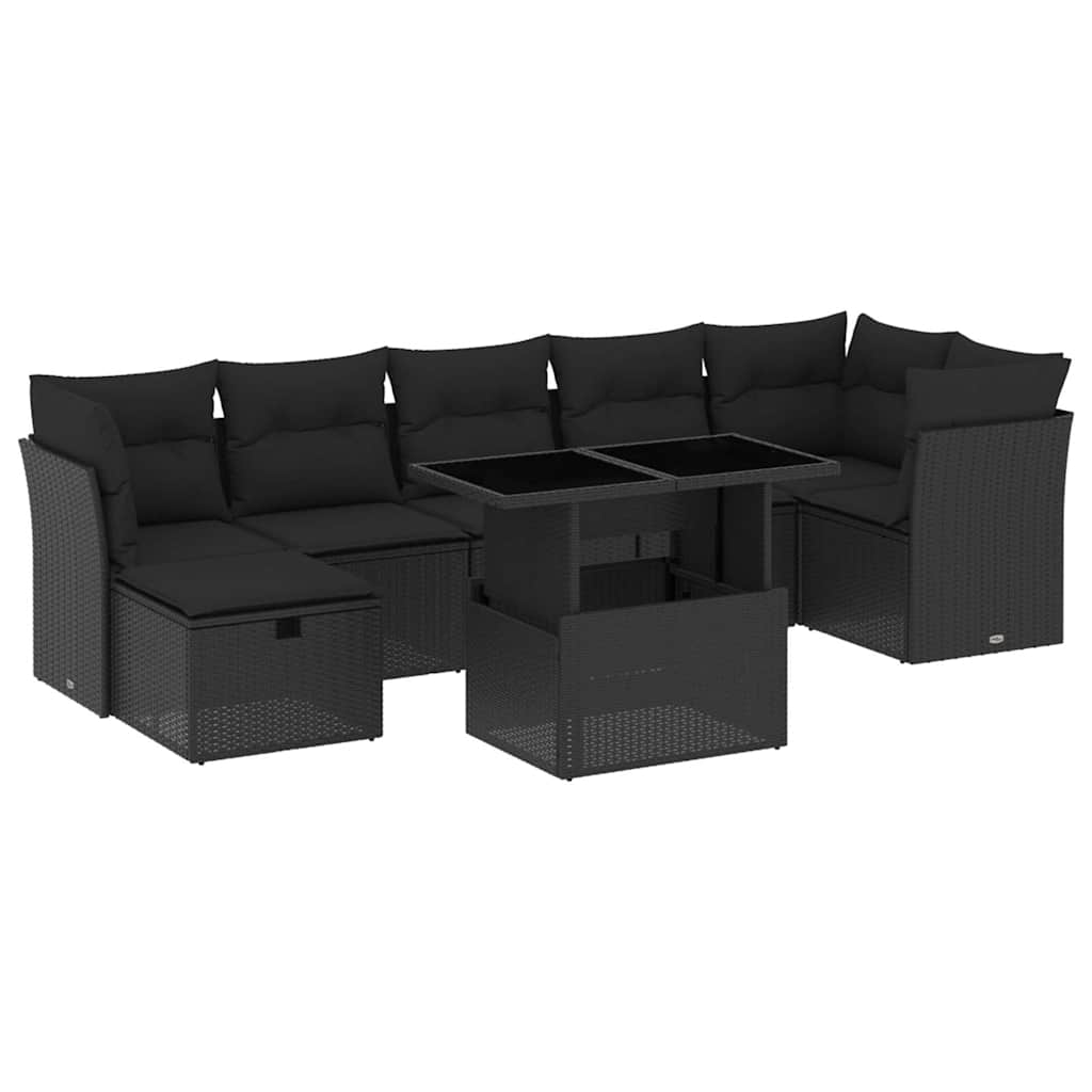 8 részes fekete polyrattan kerti ülőgarnitúra párnákkal