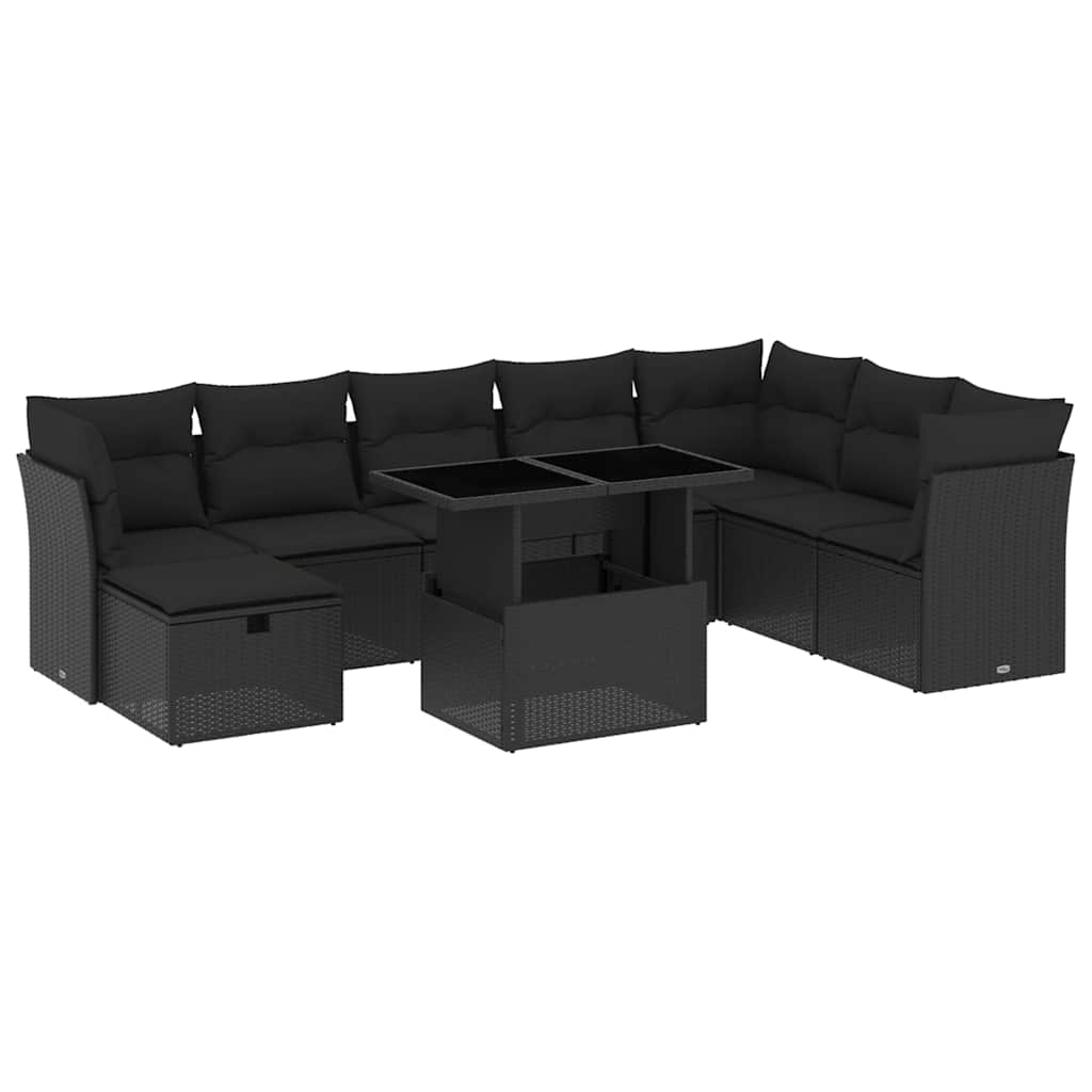 9 részes fekete polyrattan kerti ülőgarnitúra párnákkal