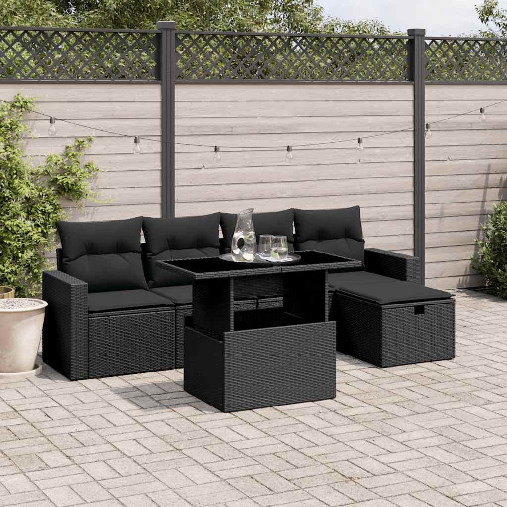 6 részes fekete polyrattan kerti ülőgarnitúra párnákkal