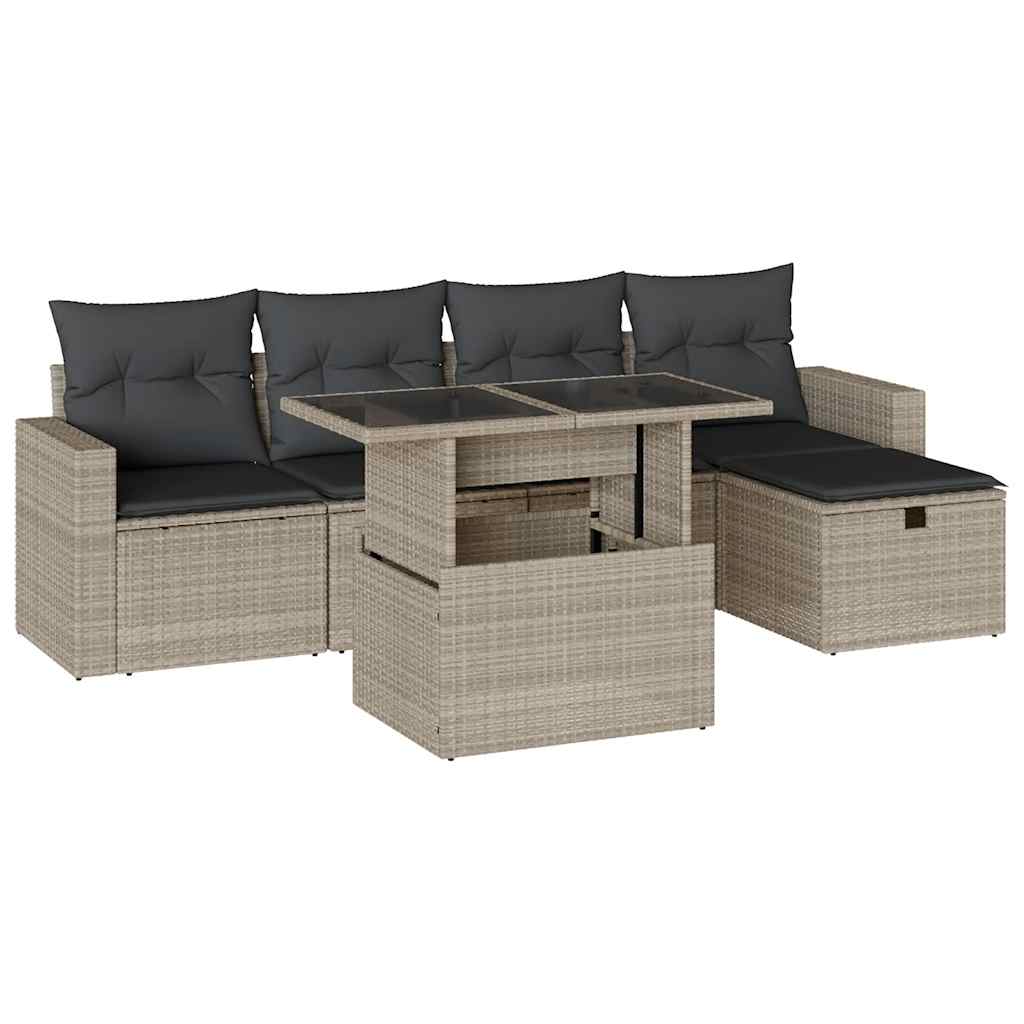 6 részes világosszürke polyrattan kerti ülőgarnitúra párnákkal