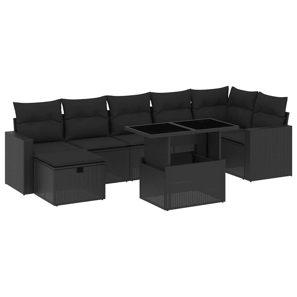 8 részes fekete polyrattan kerti ülőgarnitúra párnákkal