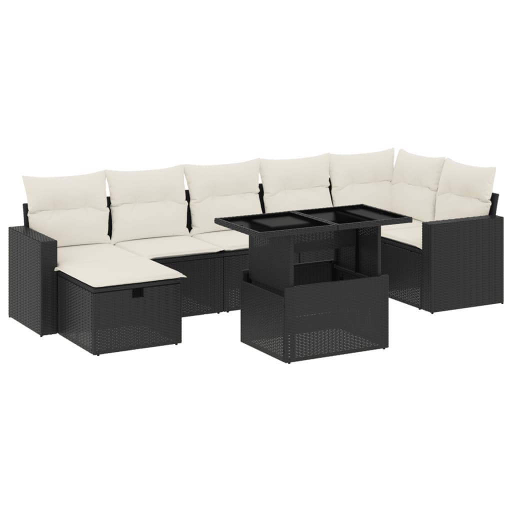 8 részes fekete polyrattan kerti ülőgarnitúra párnákkal