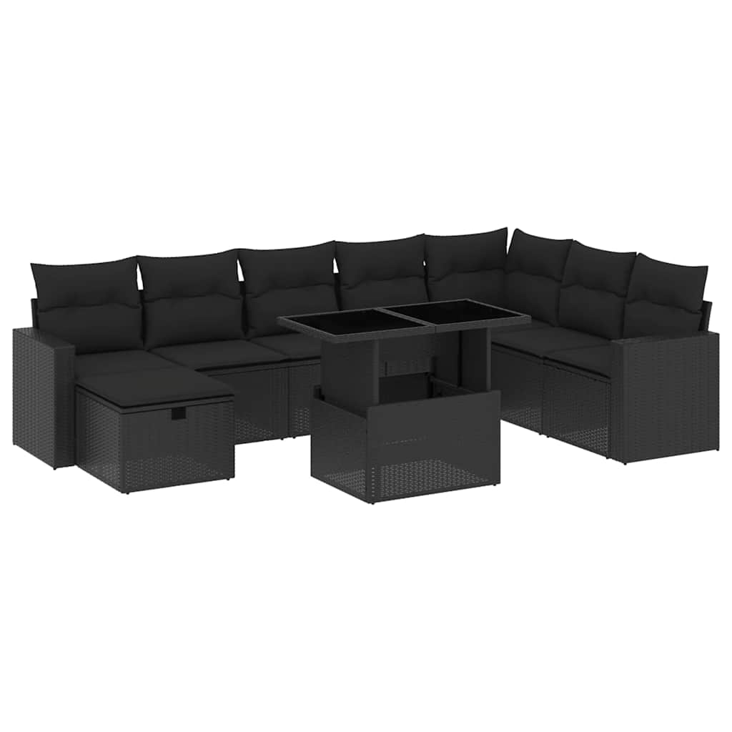 9 részes fekete polyrattan kerti ülőgarnitúra párnákkal