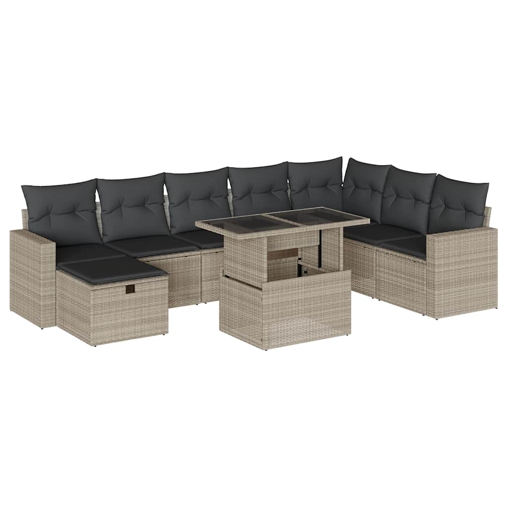 9 részes világosszürke polyrattan kerti ülőgarnitúra párnával