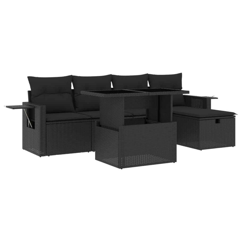6 részes fekete polyrattan kerti ülőgarnitúra párnákkal