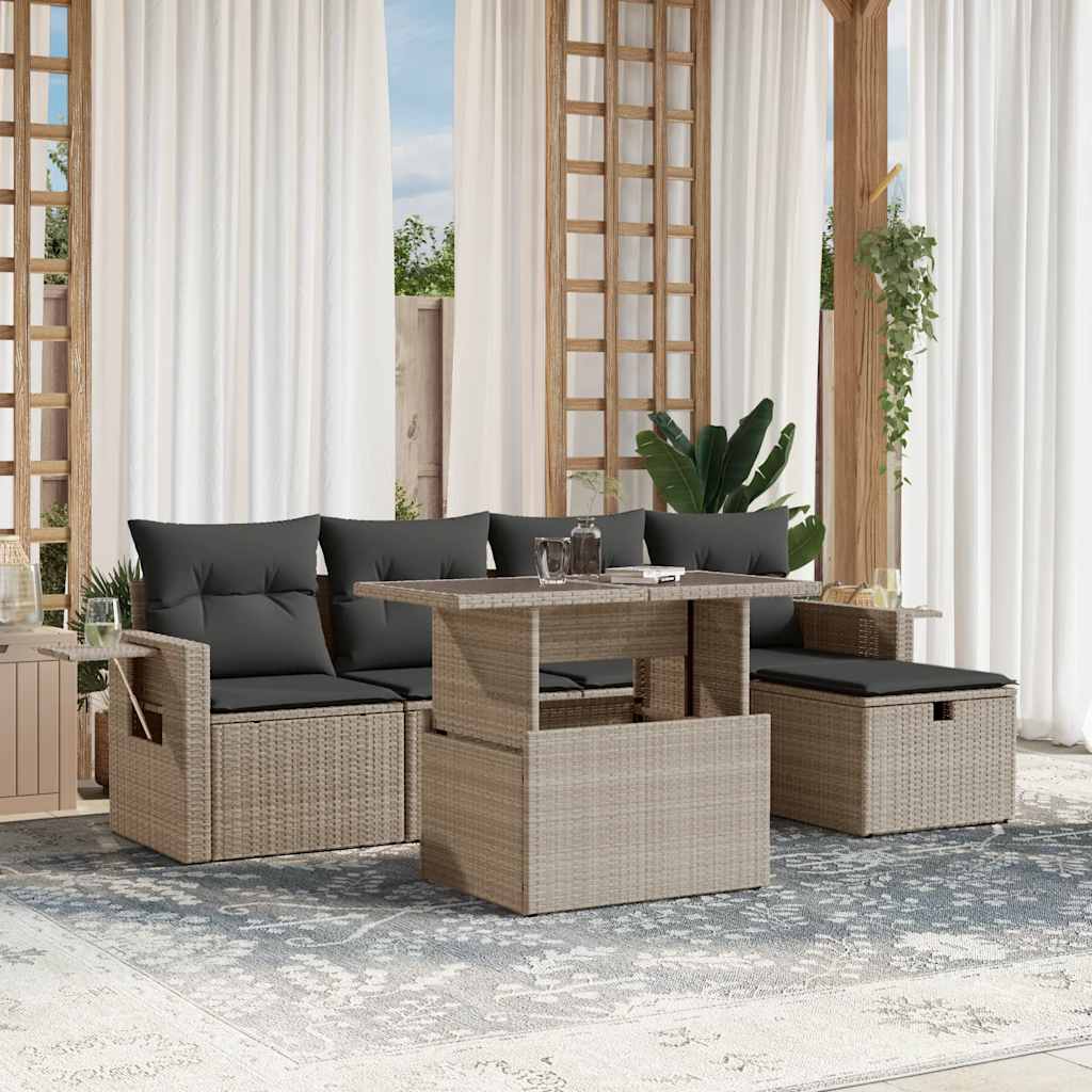 6 részes világosszürke polyrattan kerti ülőgarnitúra párnákkal