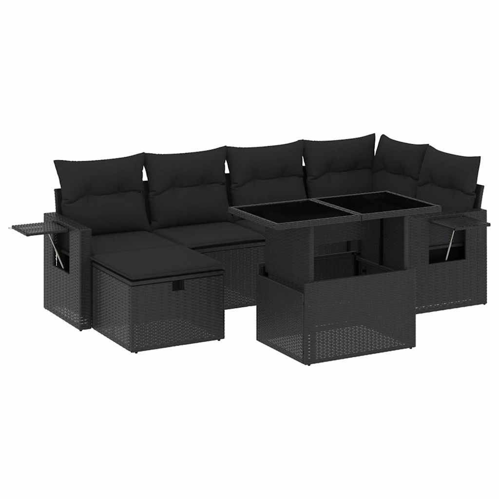 7 részes fekete polyrattan kerti ülőgarnitúra párnával