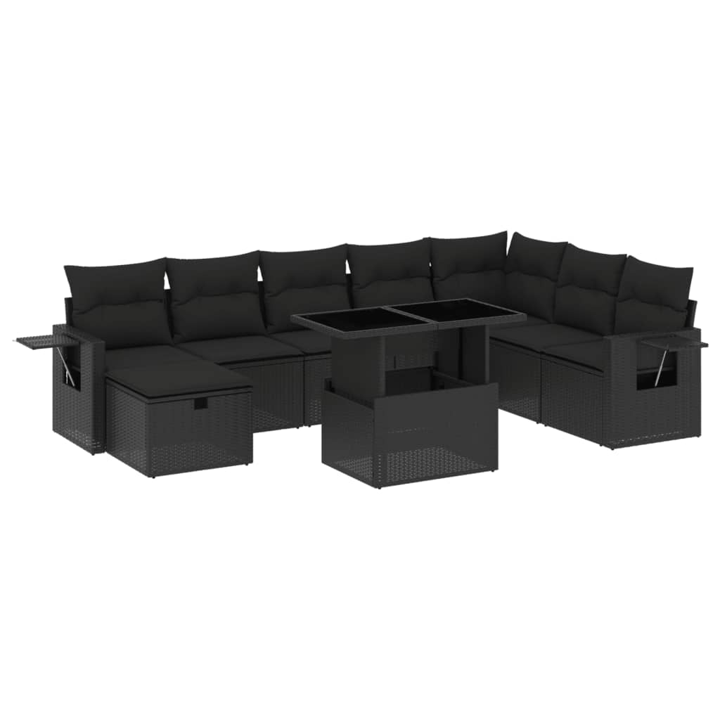 9 részes fekete polyrattan kerti ülőgarnitúra párnákkal