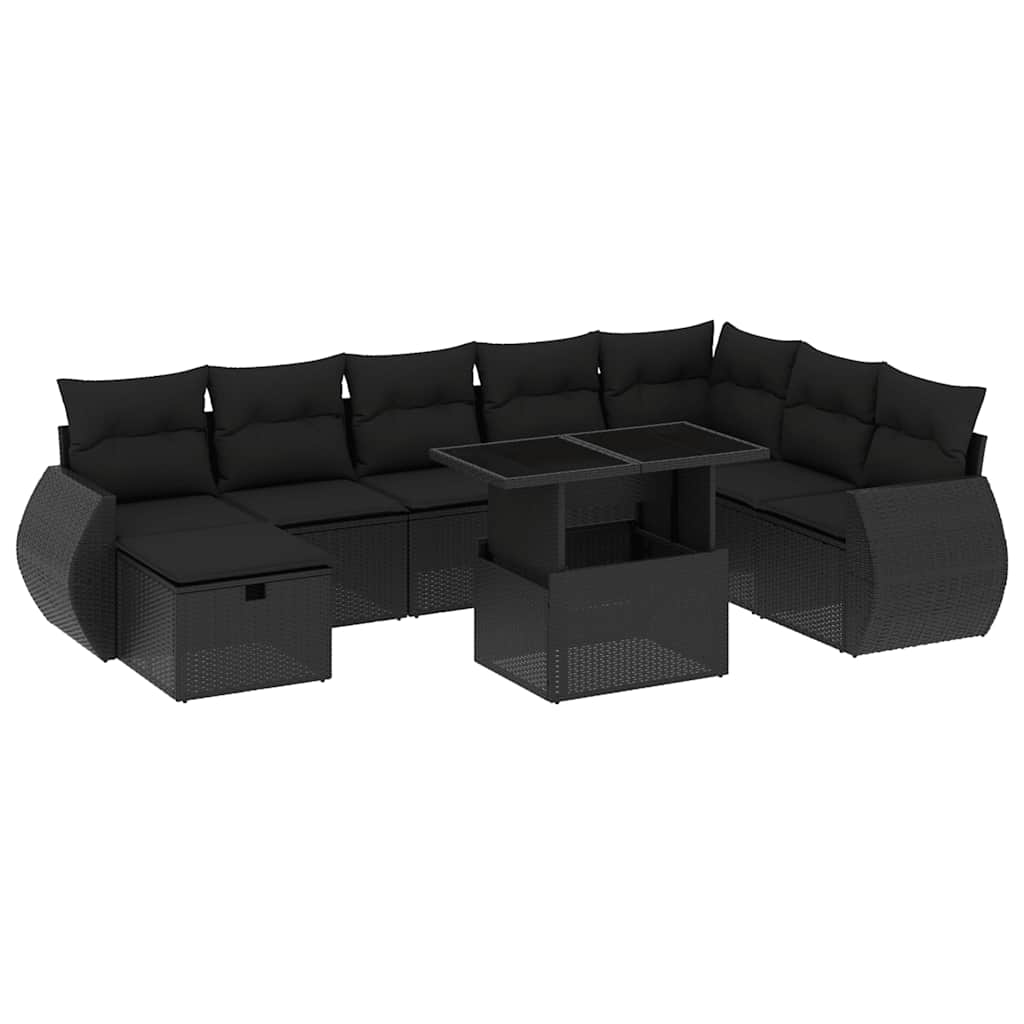 9 részes fekete polyrattan kerti ülőgarnitúra párnákkal