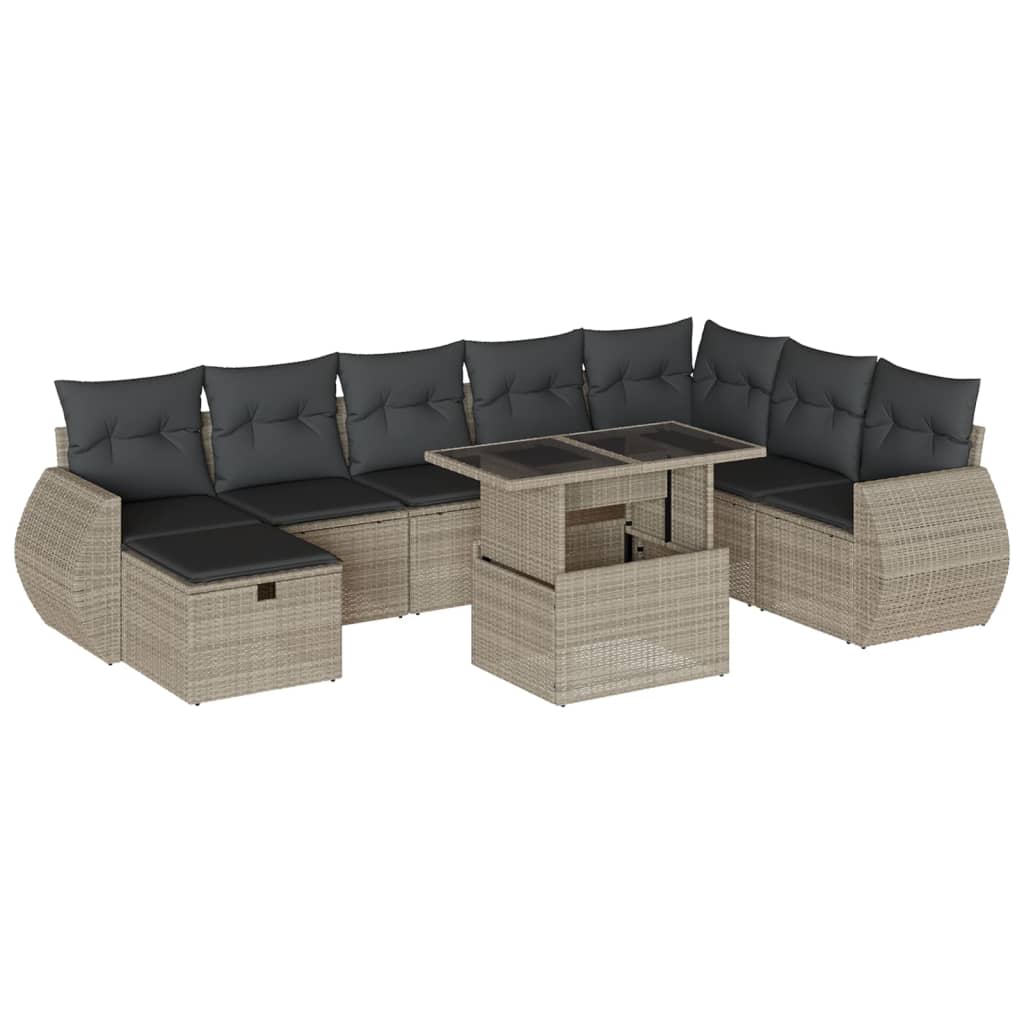 9 részes világosszürke polyrattan kerti ülőgarnitúra párnával