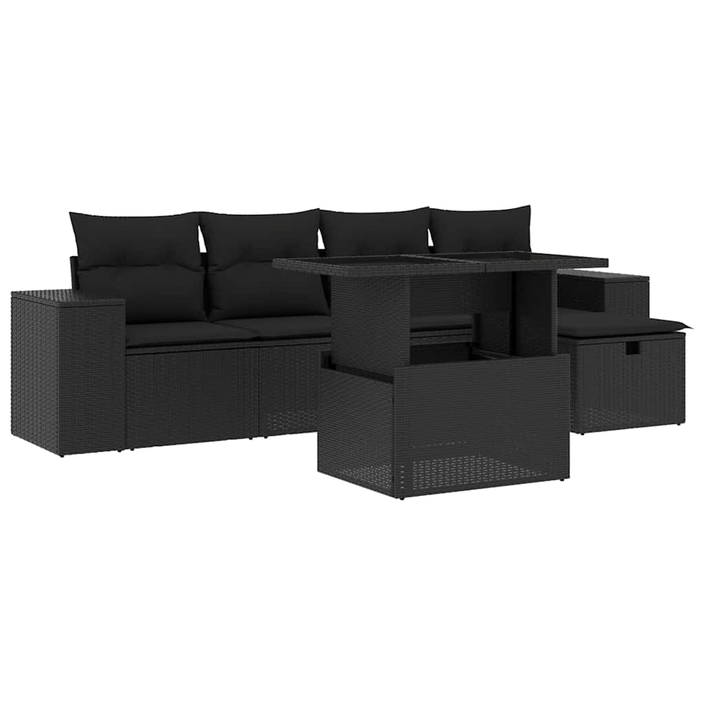 6 részes fekete polyrattan kerti ülőgarnitúra párnákkal