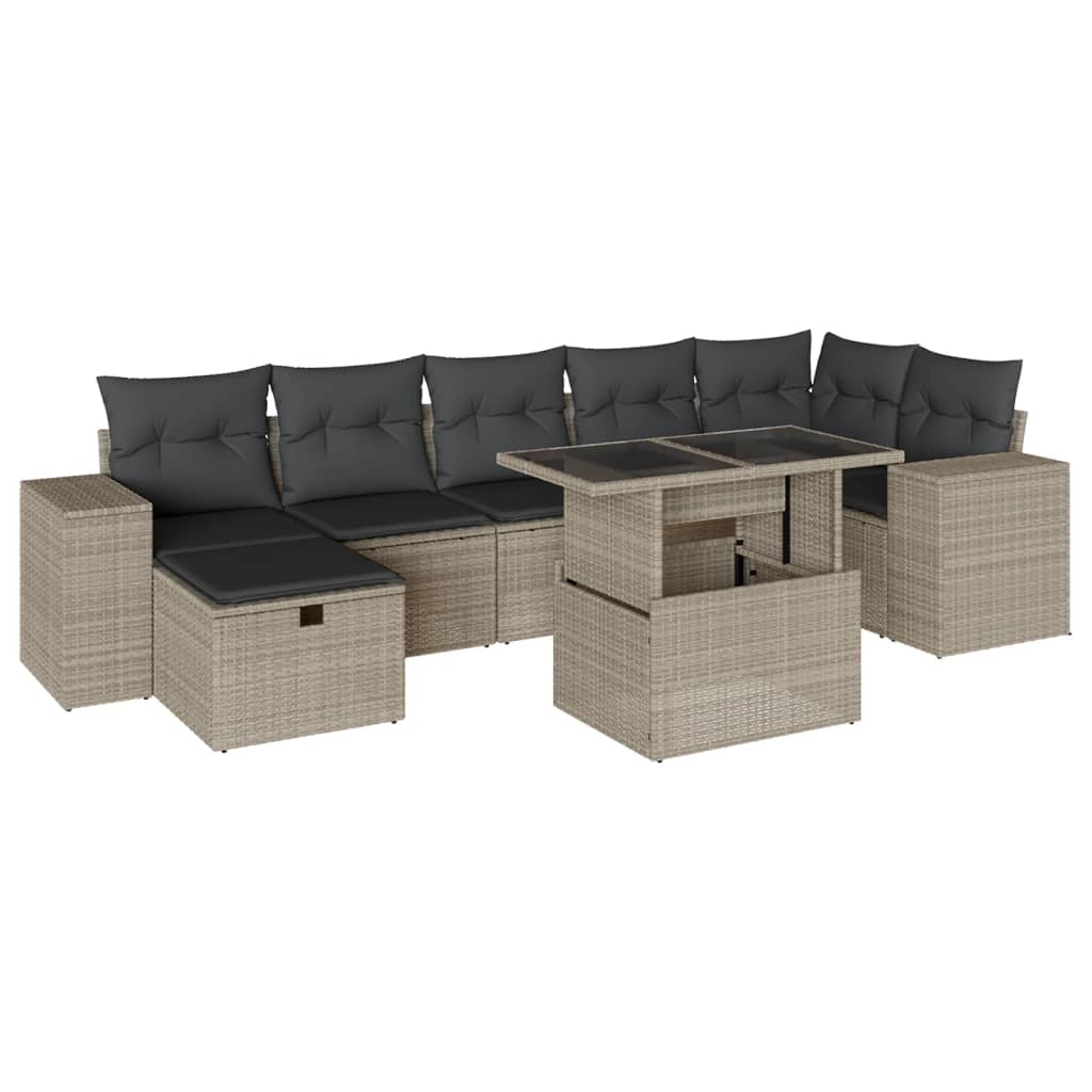8 részes világosszürke polyrattan kerti ülőgarnitúra párnával
