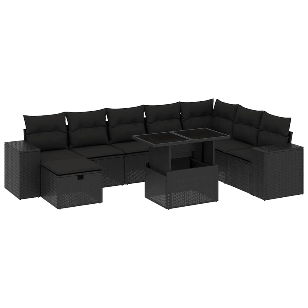 9 részes fekete polyrattan kerti ülőgarnitúra párnákkal